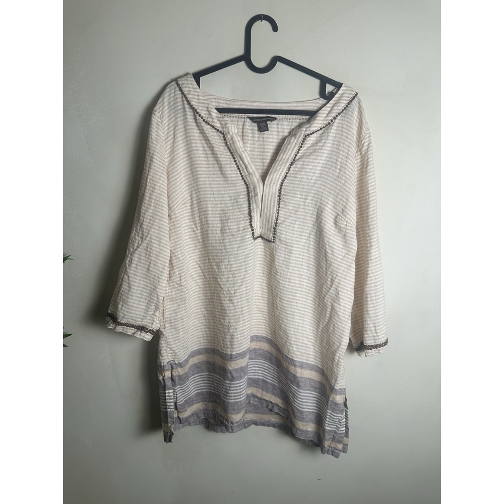 TOMMY BAHAMA Women's 100% Linen Shirt Beaded V-Neck Tunic Top Beige Medium Roomy